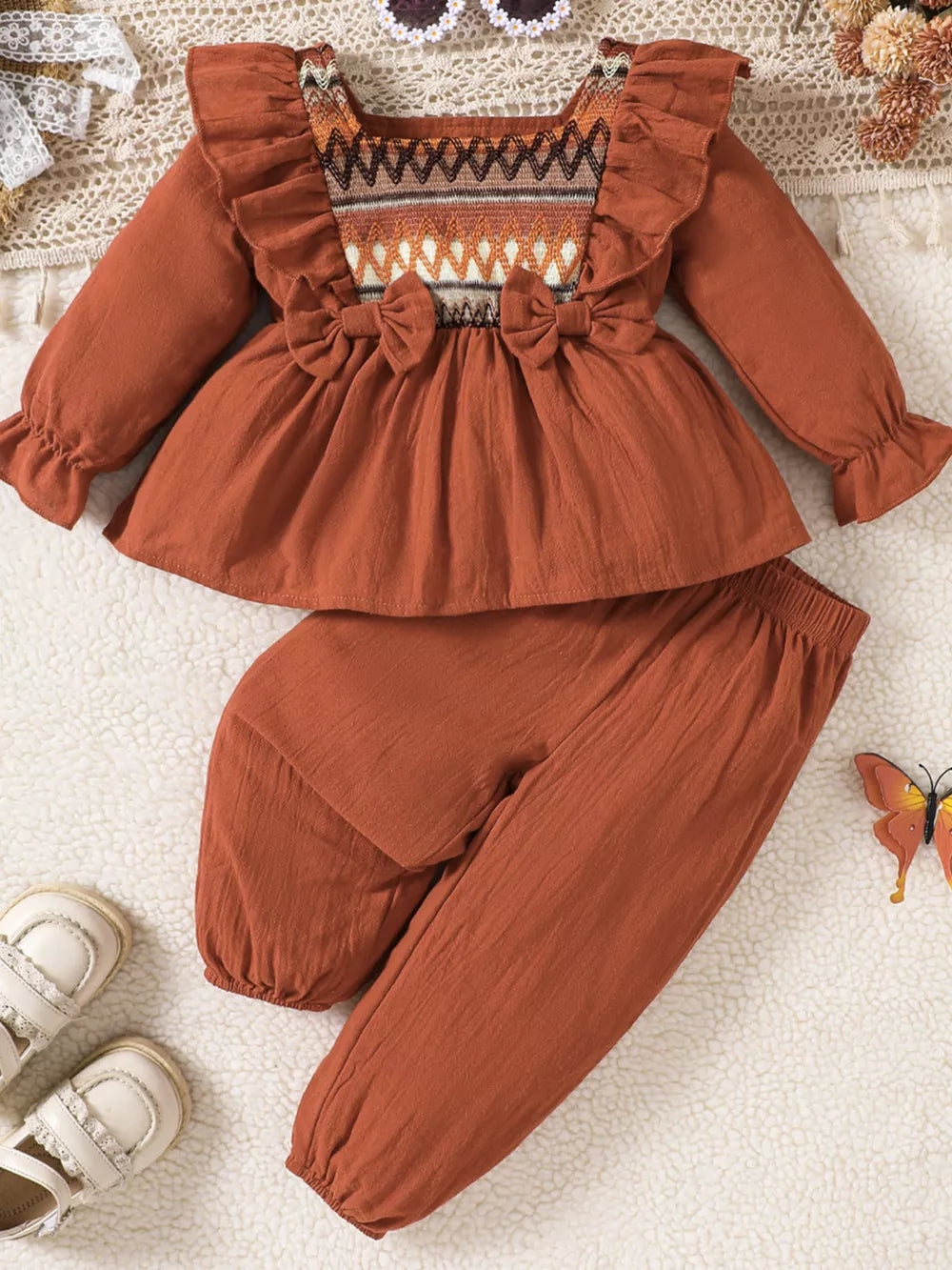 Light Brown Children's Bow Long Sleeve Blouse And Pants Set
