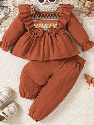 Light Brown Children's Bow Long Sleeve Blouse And Pants Set