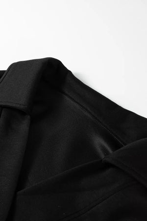Black collared V-neck sweatshirt detail, soft fabric, casual loungewear