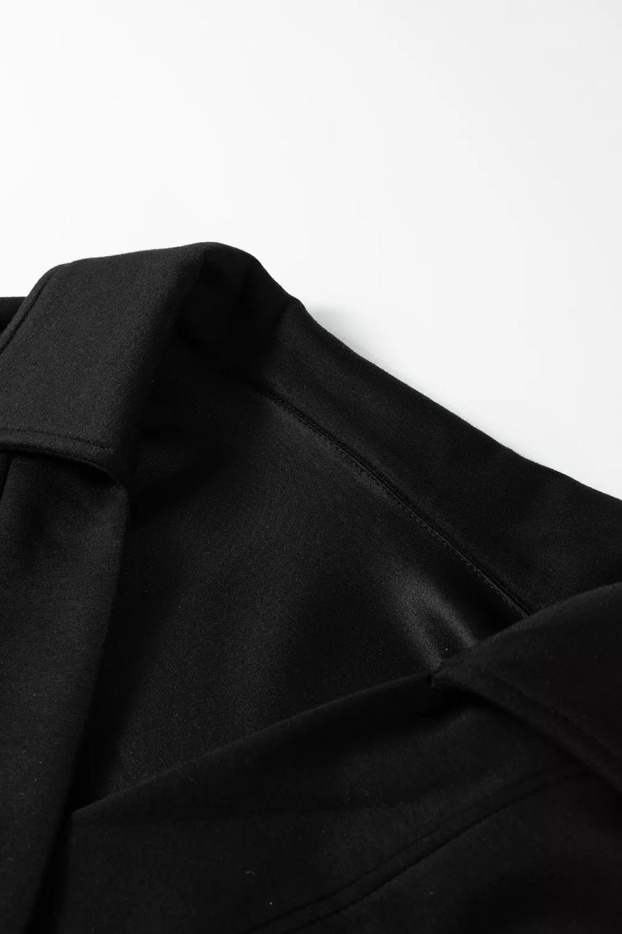 Black collared V-neck sweatshirt detail, soft fabric, casual loungewear