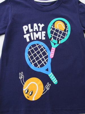 Navy cotton t-shirt with playful tennis graphic and "PLAY TIME" text.