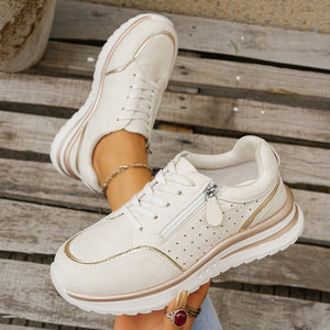 Fabric Chunky-Sole Round Toe Lace Up Sneakers in taupe with round toe