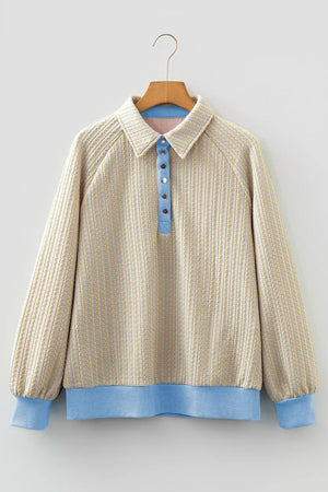 Beige with Button Front Jacquard Henley Sweatshirt