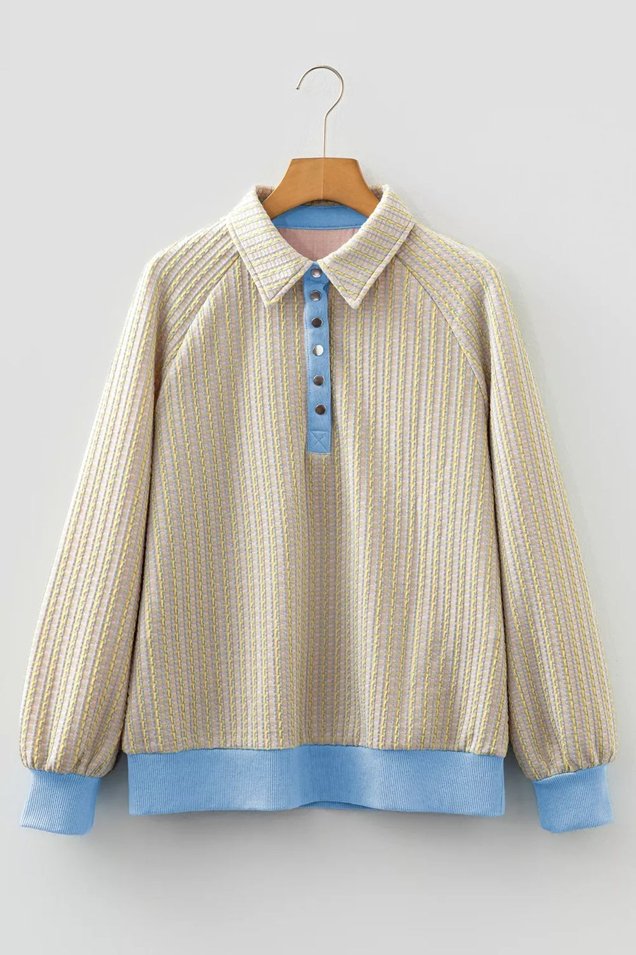 Beige with Button Front Jacquard Henley Sweatshirt