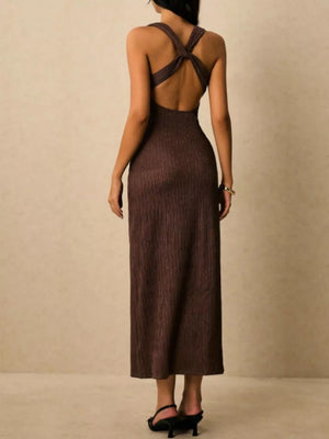 Brown ribbed midi dress with crisscross back detail and open back.