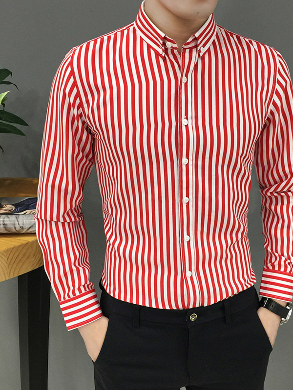 Men's red and white striped button-up shirt, cotton, casual long sleeve.