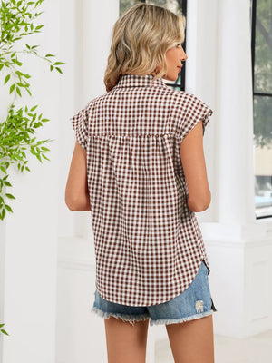 Plaid Button Up Cap Sleeve Shirt in Brown
