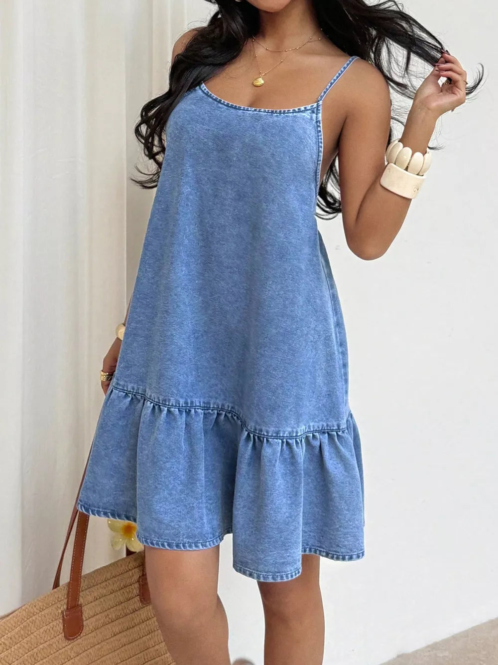 Blue Casual Spaghetti Strap Ruffle Hem Denim Dress