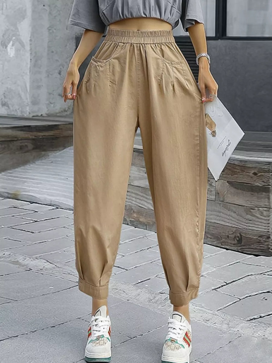 Khaki relaxed fit harem joggers with elastic waist and side pockets