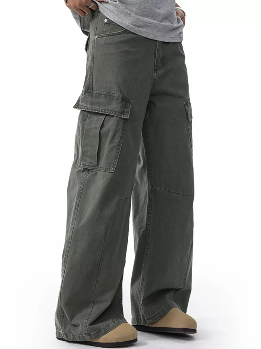 Men's army green cargo sweatpants with multiple pockets and a relaxed fit.
