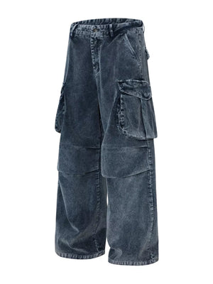 Blue corduroy cargo pants with multiple functional pockets and a textured finish.