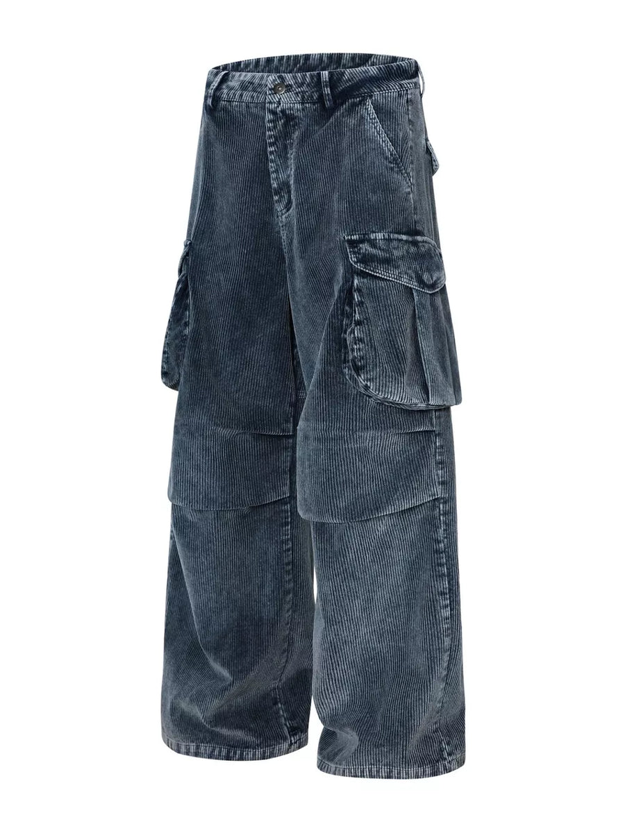 Blue corduroy cargo pants with multiple functional pockets and a textured finish.