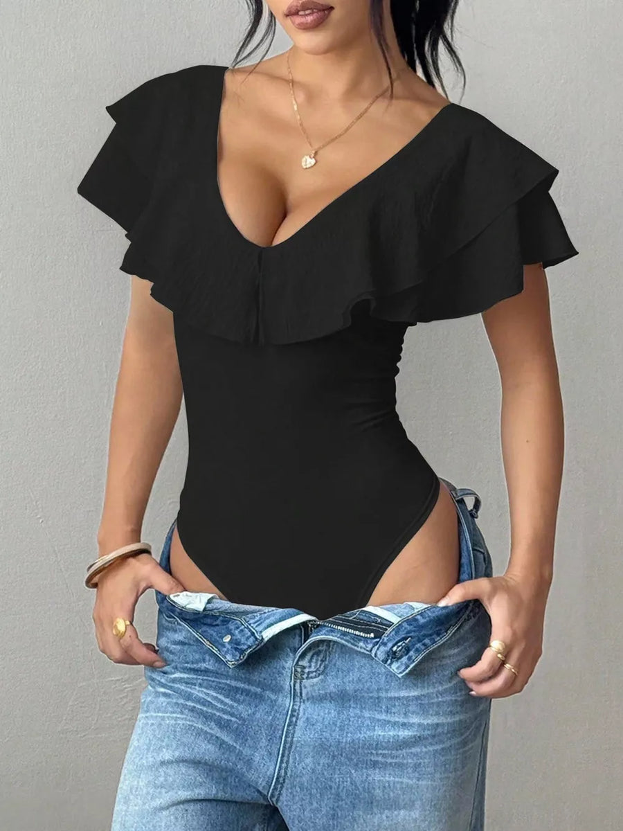 bodysuit in white with ruffled and full-length