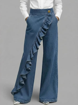 Light Blue wide-leg jeans with full-length and button-front