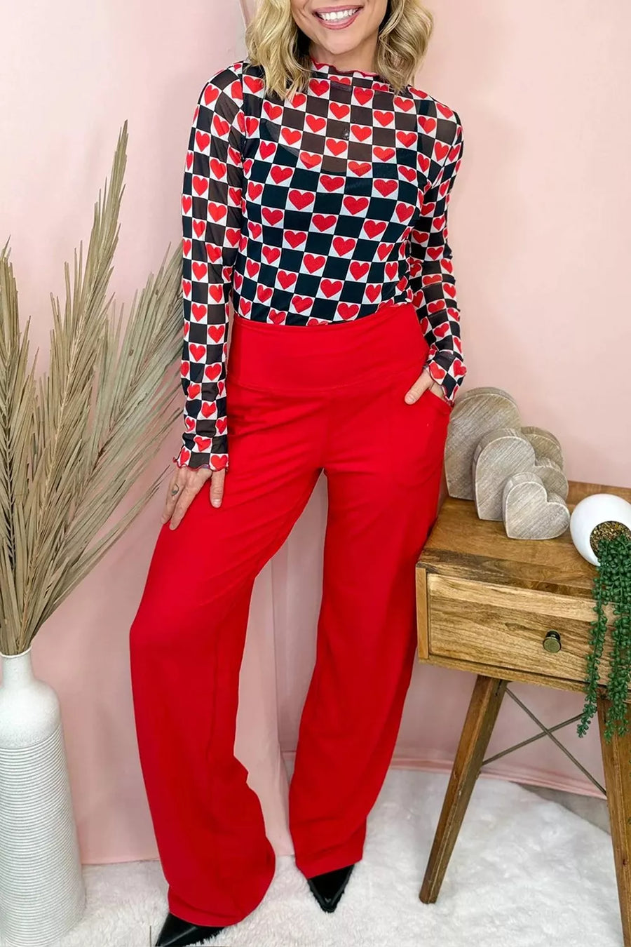 Plaid Heart Mesh Sheer Long Sleeve Top option 10