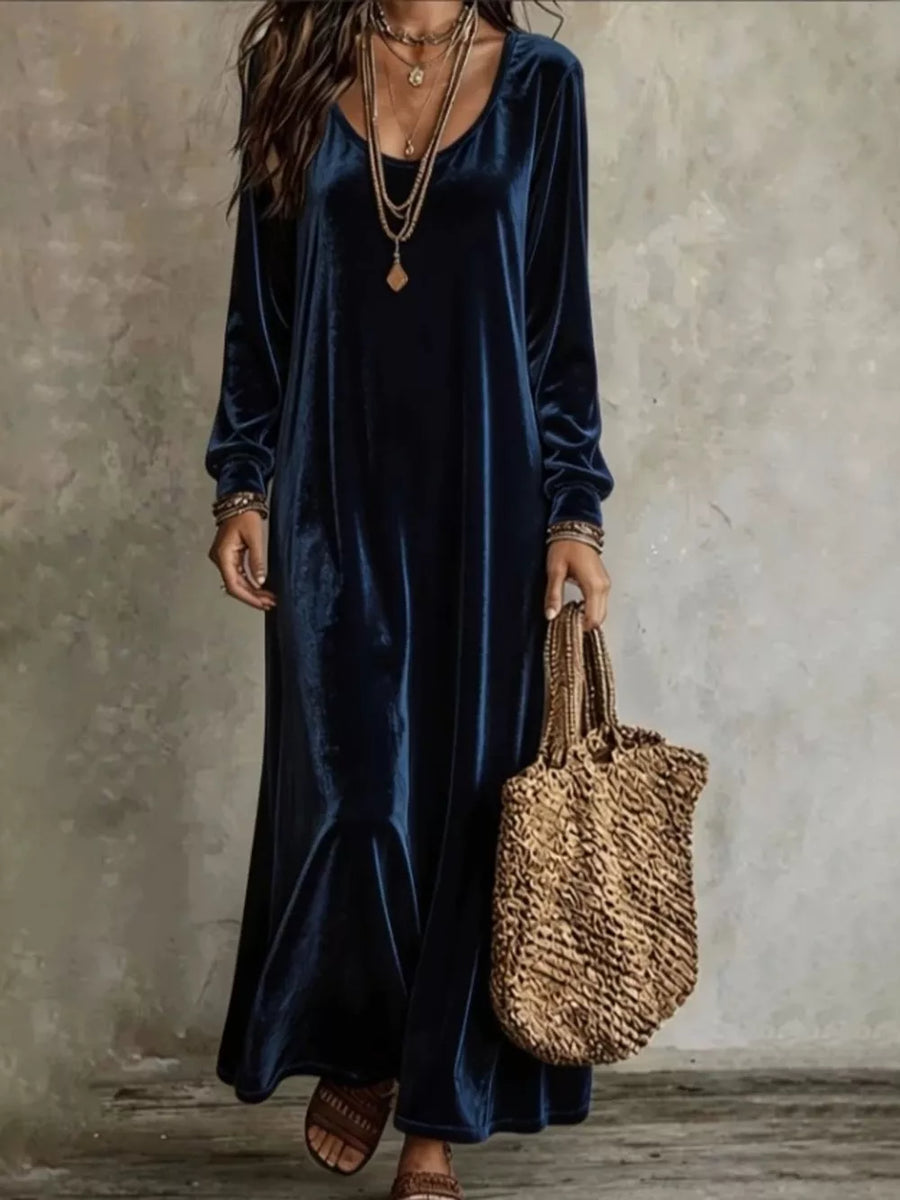 Velvet Maxi Dress With Flowy Hem in Gray