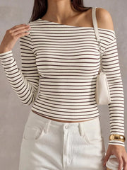 Striped Ribbed Long Sleeve T-shirt in Blue with ribbed