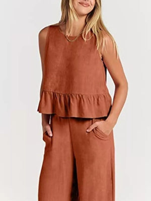 Ruffled Hem Sleeveless Top And Wide-leg Pants Set Plus Size in Khaki