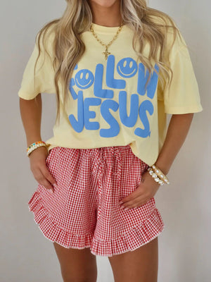 white shorts featuring drawstring waist and gingham
