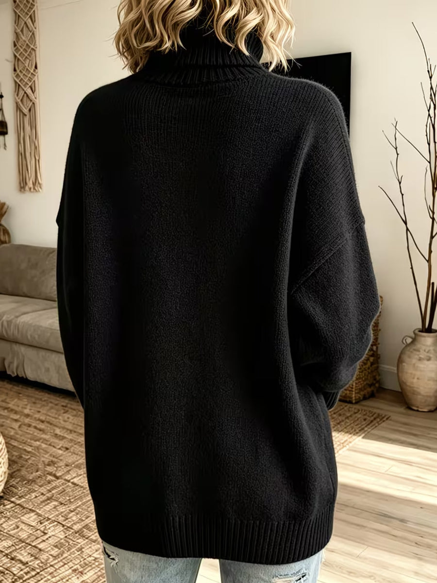 Oversized Turtleneck Dropped Shoulder Sweater in Black with dropped shoulder