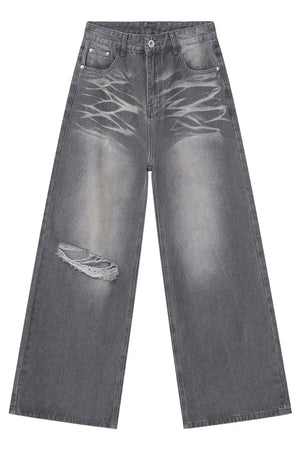 Dark gray wide-leg denim jeans with distressed detailing and a ripped knee.