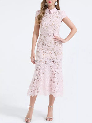 Pink floral lace midi dress with belt and collar