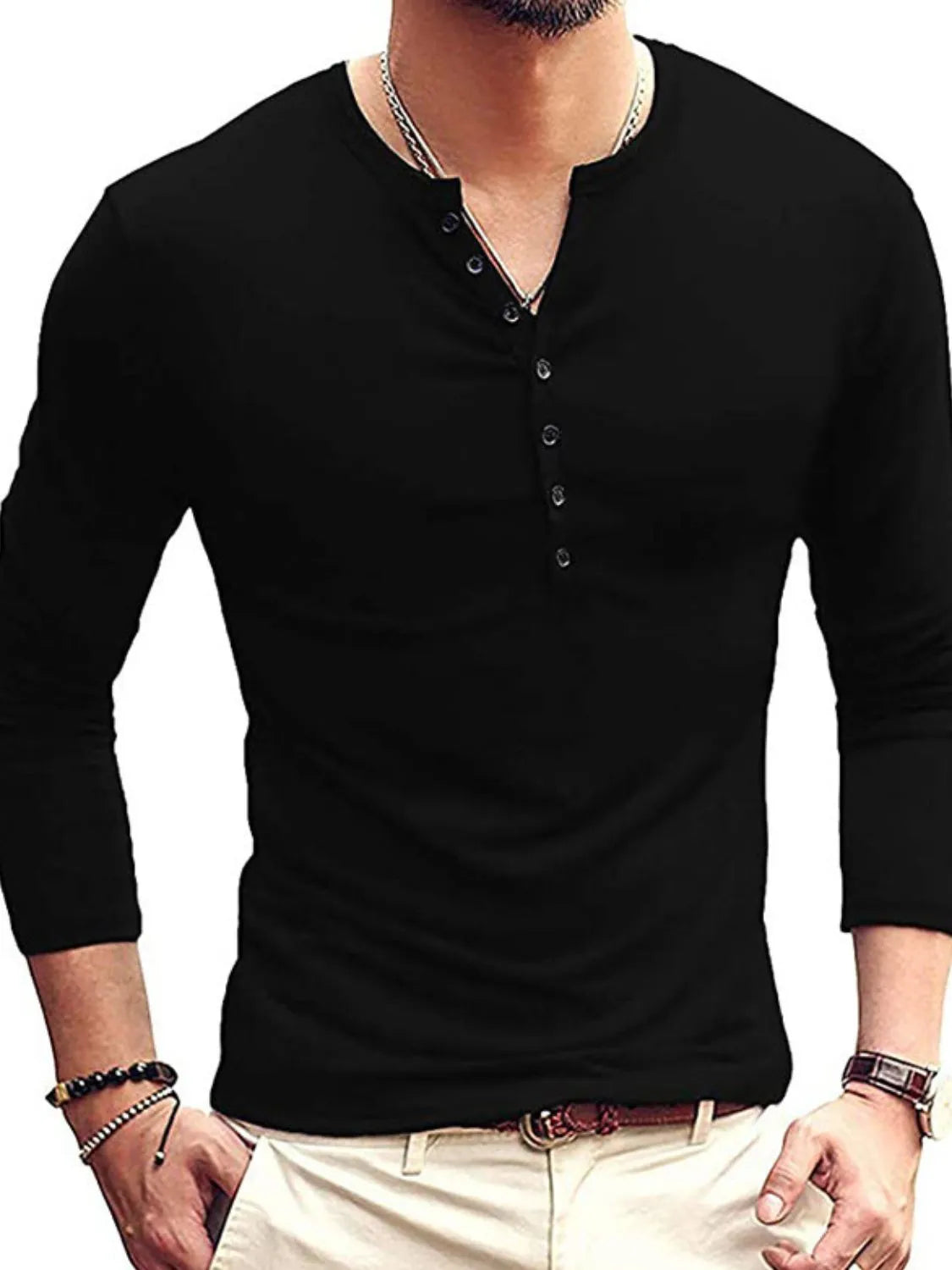 Black long sleeve henley t-shirt with button placket