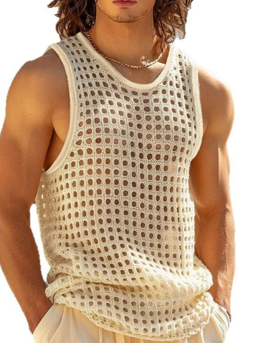 Beige open knit tank top with a crew neck and sleeveless design, featuring a relaxed fit and resort style.