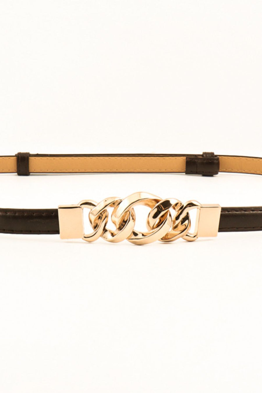 Chain link buckle belt in chocolate with gold alloy buckle detail