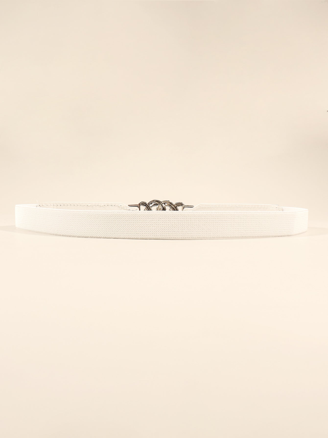 White faux leather belt with silver chain detail and buckle