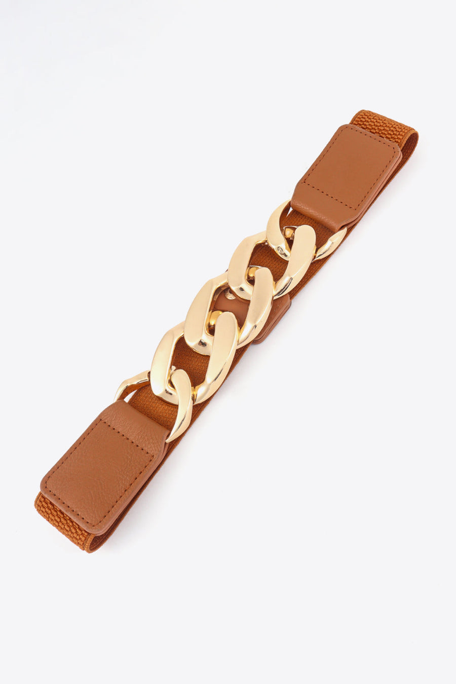 Chunky chain elastic belt with faux leather tabs in ochre and gold hardware.