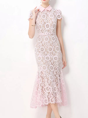 Pink floral lace midi dress with cap sleeves, collar, and studded belt.