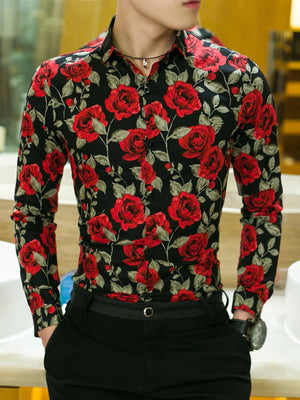 Black floral print slim fit cotton blend shirt with red roses.