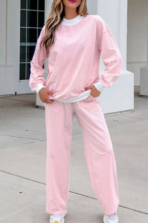 Blush Pink with Striped Long Sleeve Top And Pants Set in Blush Pink