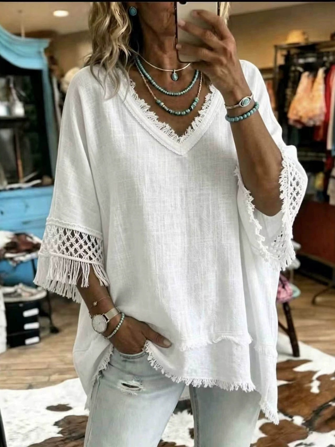 bohemian blouse in sky blue with v-neck