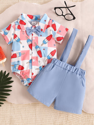 Baby bodysuit and suspender shorts set with popsicle print, blue bow tie, and light blue shorts.