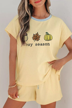Pastel Yellow, Cozy Season Embroidered Graphic Relaxed Two-piece Short Set in Pastel Yellow
