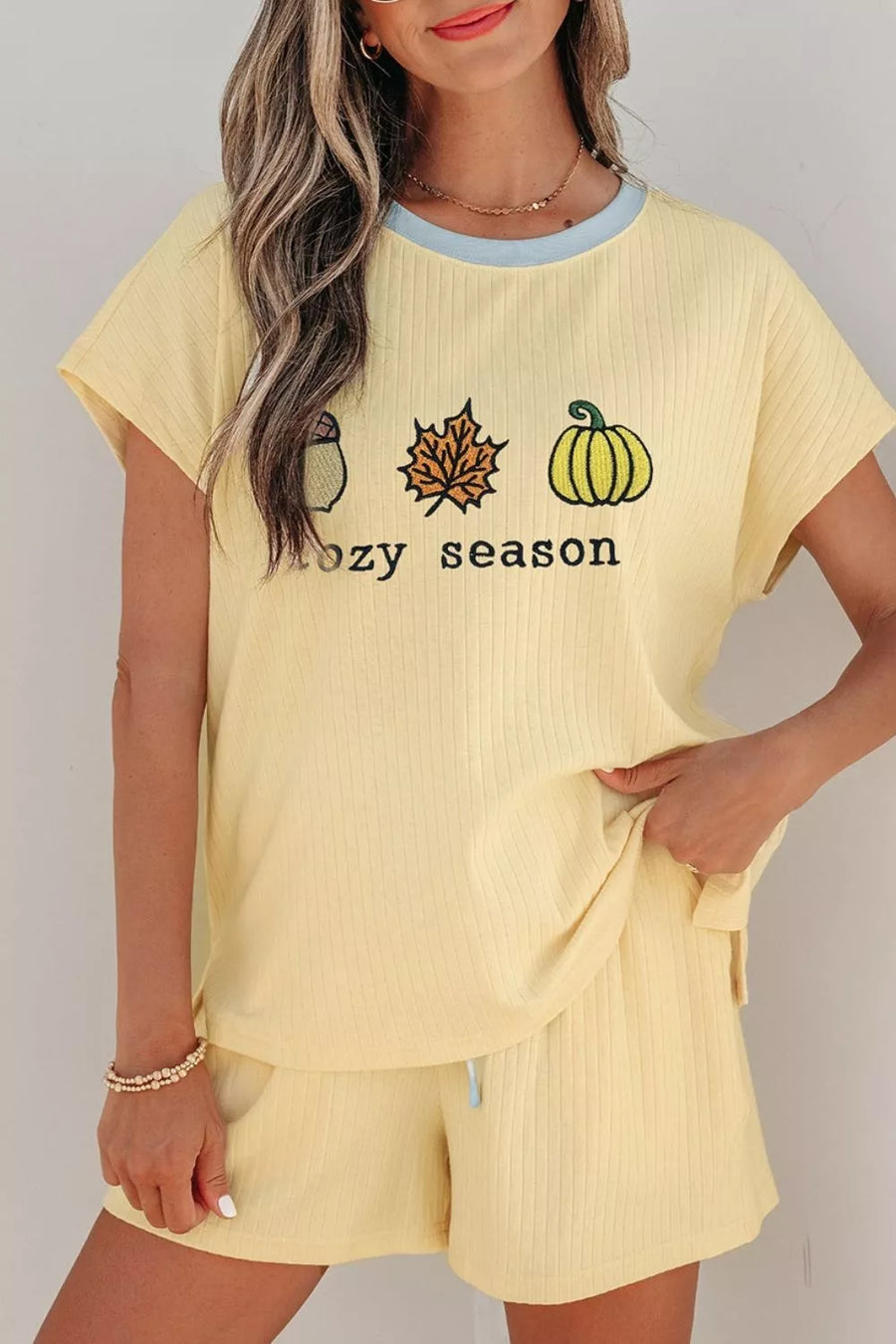 Pastel Yellow, Cozy Season Embroidered Graphic Relaxed Two-piece Short Set in Pastel Yellow