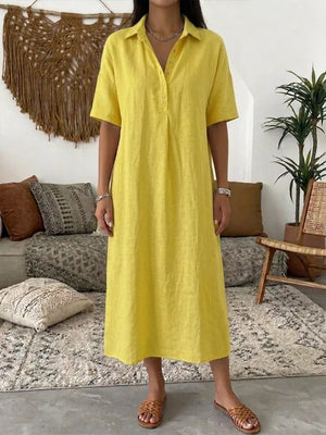Full Size Button Detail Half Sleeve Dress Plus Size in Yellow