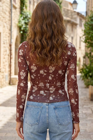 Floral Print Sheer Mesh Long Sleeve Top option 5