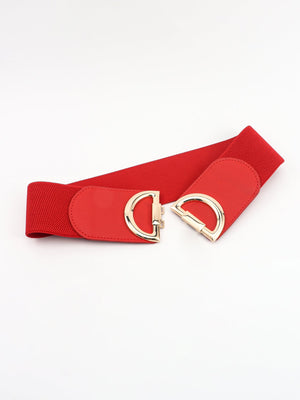 Red elastic belt with double D gold buckle and faux leather accents