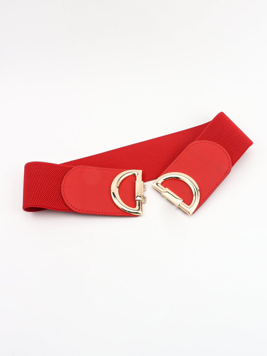 Red elastic belt with double D gold buckle and faux leather accents