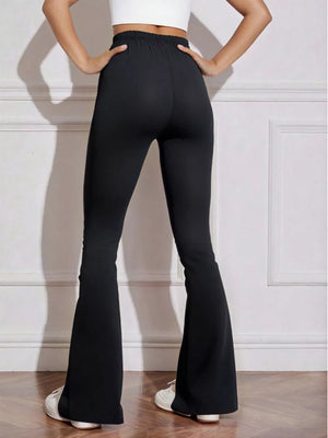 Black flared high-waist active pants with bow emblem detail.