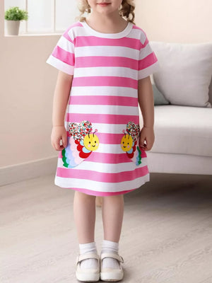 Toddler pink and white striped cotton dress with bee appliqué details.