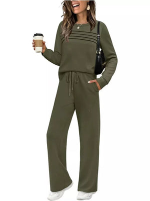 Casual Long Sleeve Crewneck Top & Drawstring Pants Set in Dark Blue