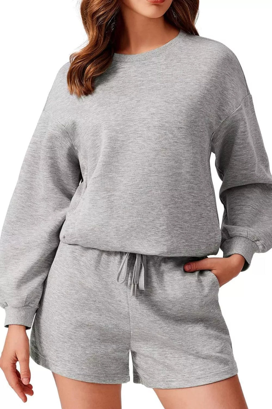 Light Gray sweatshirt with balloon sleeves and matching drawstring shorts.
