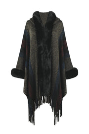 Textured stripe poncho with faux fur trim and fringe detail