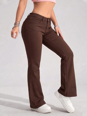 Brown flare jeans with full-length and button-front