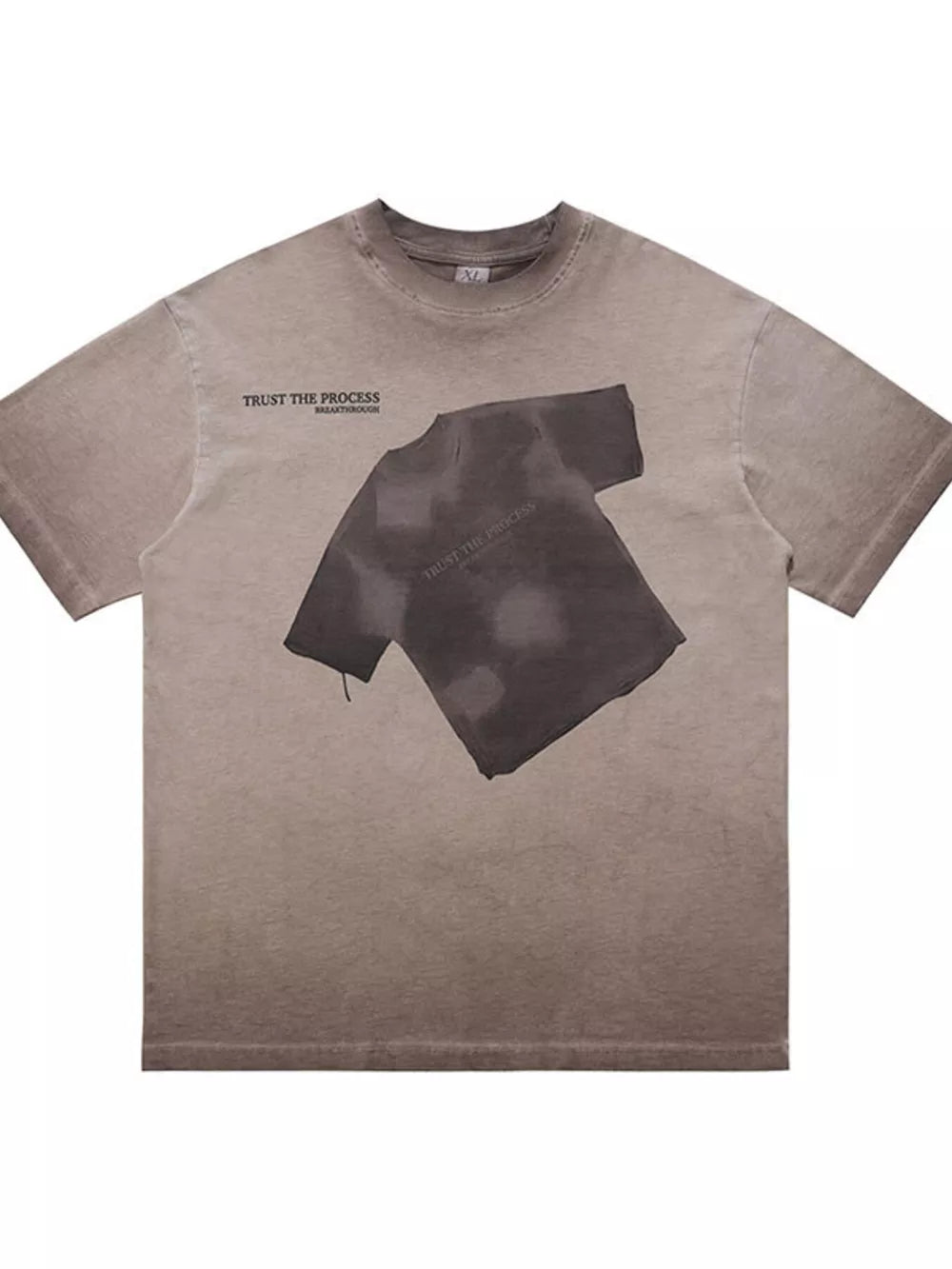 Men's khaki cotton blend t-shirt with distressed graphic print and text.