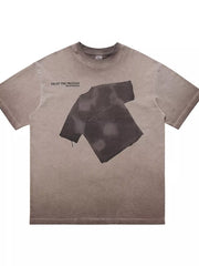 Men's khaki cotton blend t-shirt with distressed graphic print and text.